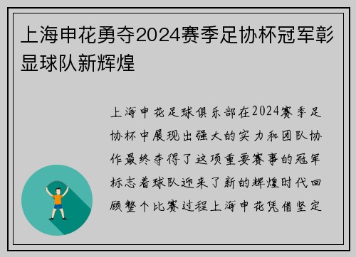 上海申花勇夺2024赛季足协杯冠军彰显球队新辉煌