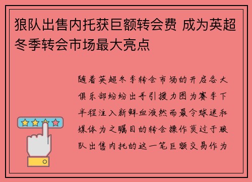 狼队出售内托获巨额转会费 成为英超冬季转会市场最大亮点 狼队出售内托获巨额转会费 成为英超冬季转会市场最大亮点